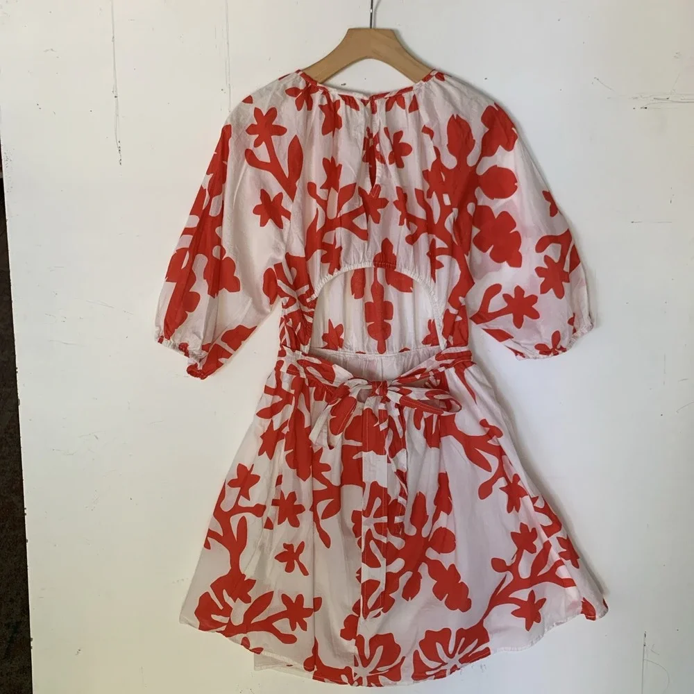 H&M Floral Print Dress Red White Puff Sleeve Mini Dress Summer Size S - Picture 5 of 11